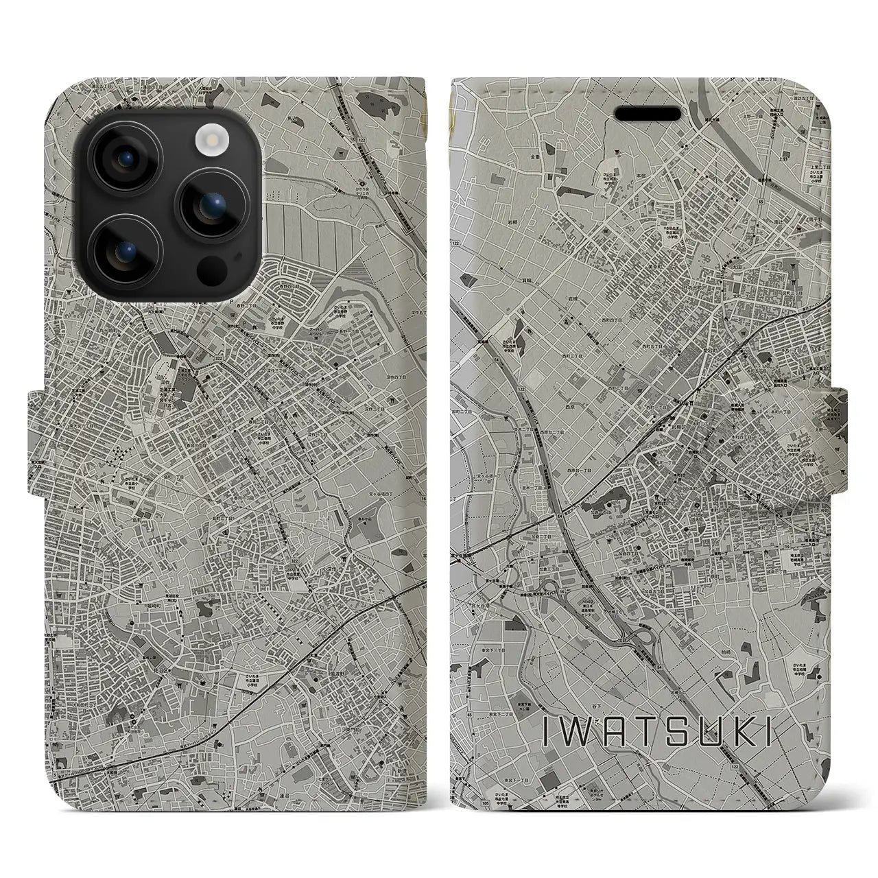 【岩槻(埼玉県)】地図柄iPhoneケース(手帳タイプ)モノトーン・iPhone 16 用