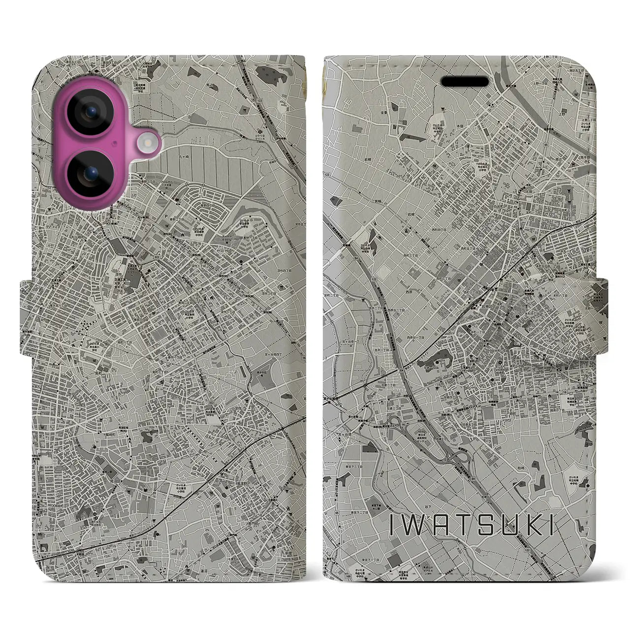 【岩槻(埼玉県)】地図柄iPhoneケース(手帳タイプ)モノトーン・iPhone 16 Pro 用