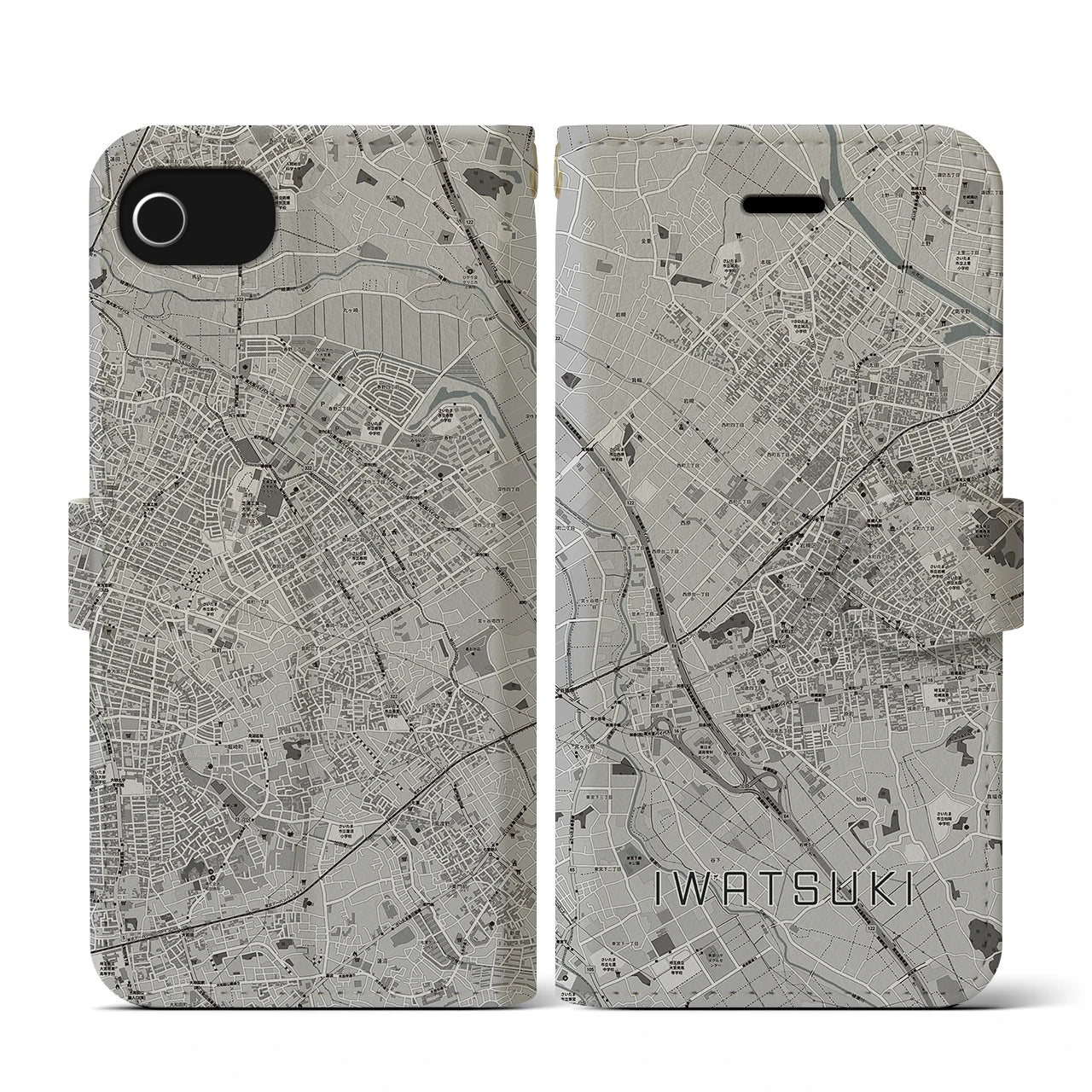 【岩槻(埼玉県)】地図柄iPhoneケース(手帳タイプ)モノトーン・iPhone SE(第3 / 第2世代) / 8 / 7 / 6s / 6 用