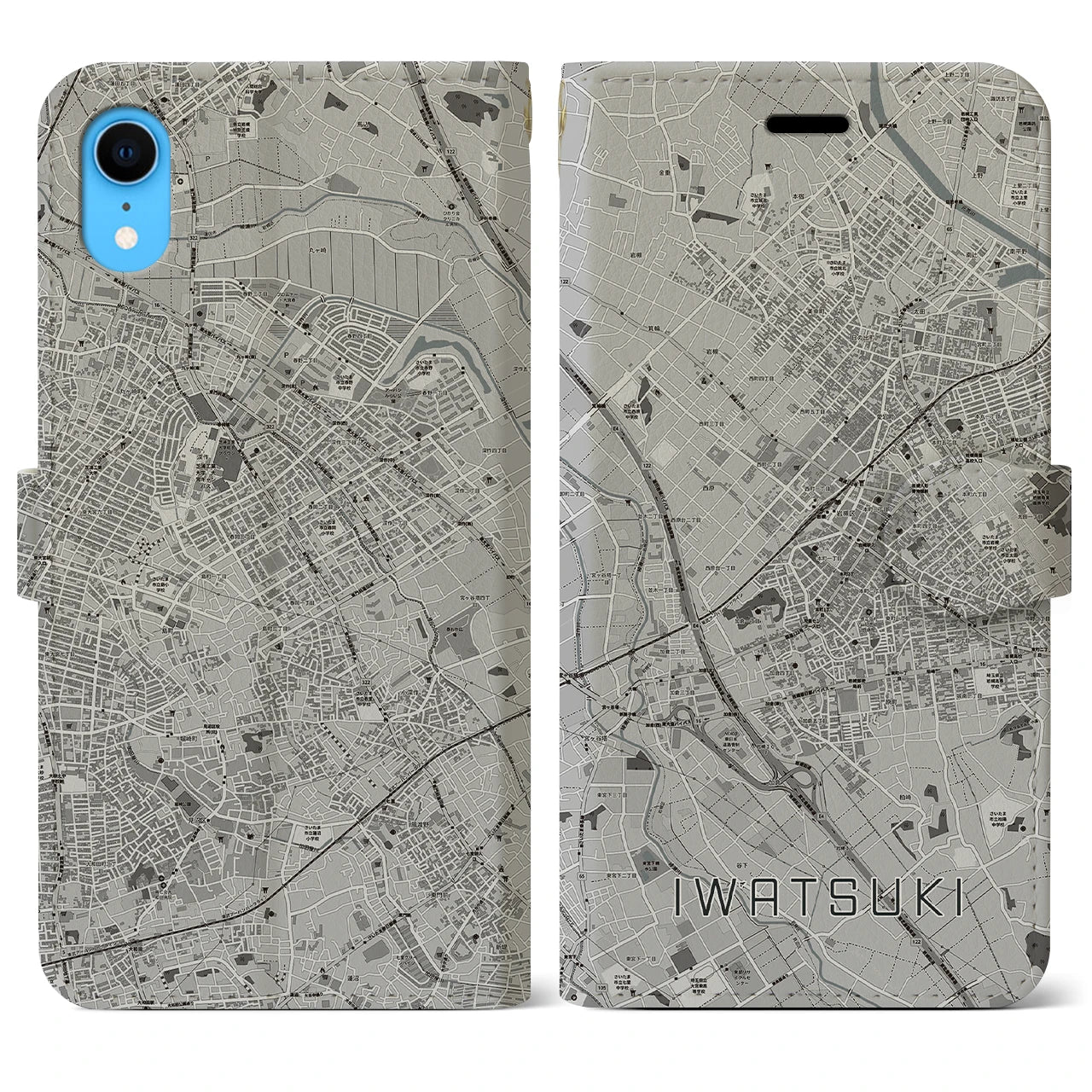 【岩槻(埼玉県)】地図柄iPhoneケース(手帳タイプ)モノトーン・iPhone XR 用