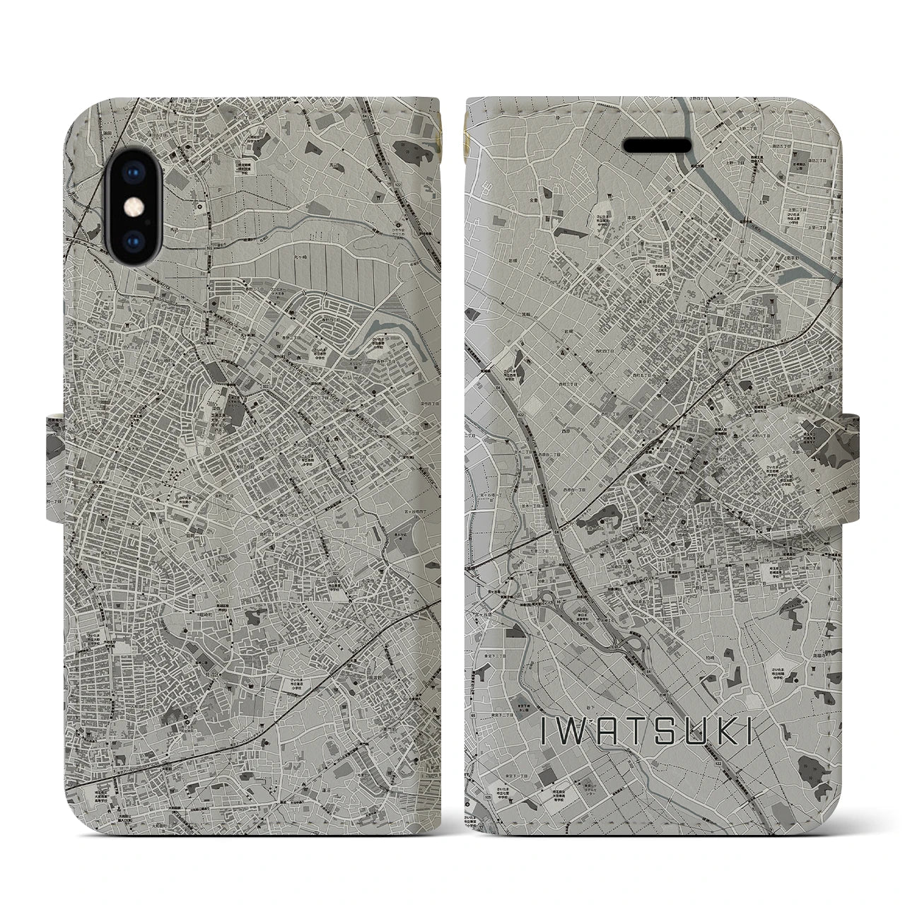 【岩槻(埼玉県)】地図柄iPhoneケース(手帳タイプ)モノトーン・iPhone XS / X 用