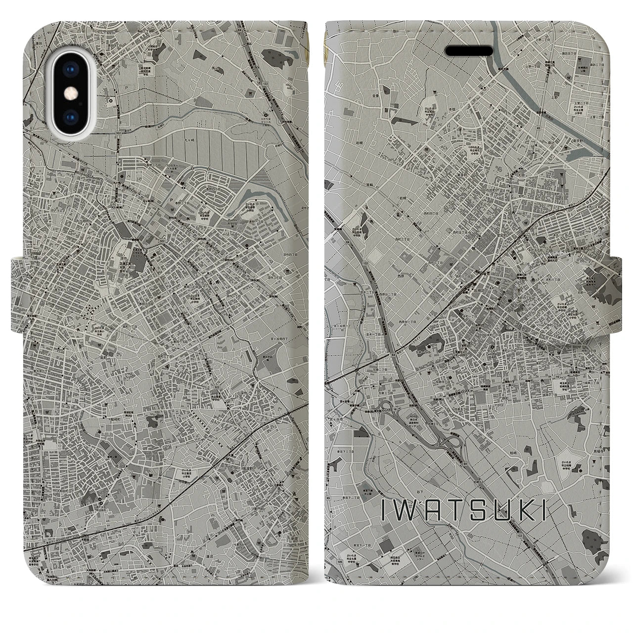 【岩槻(埼玉県)】地図柄iPhoneケース(手帳タイプ)モノトーン・iPhone XS Max 用