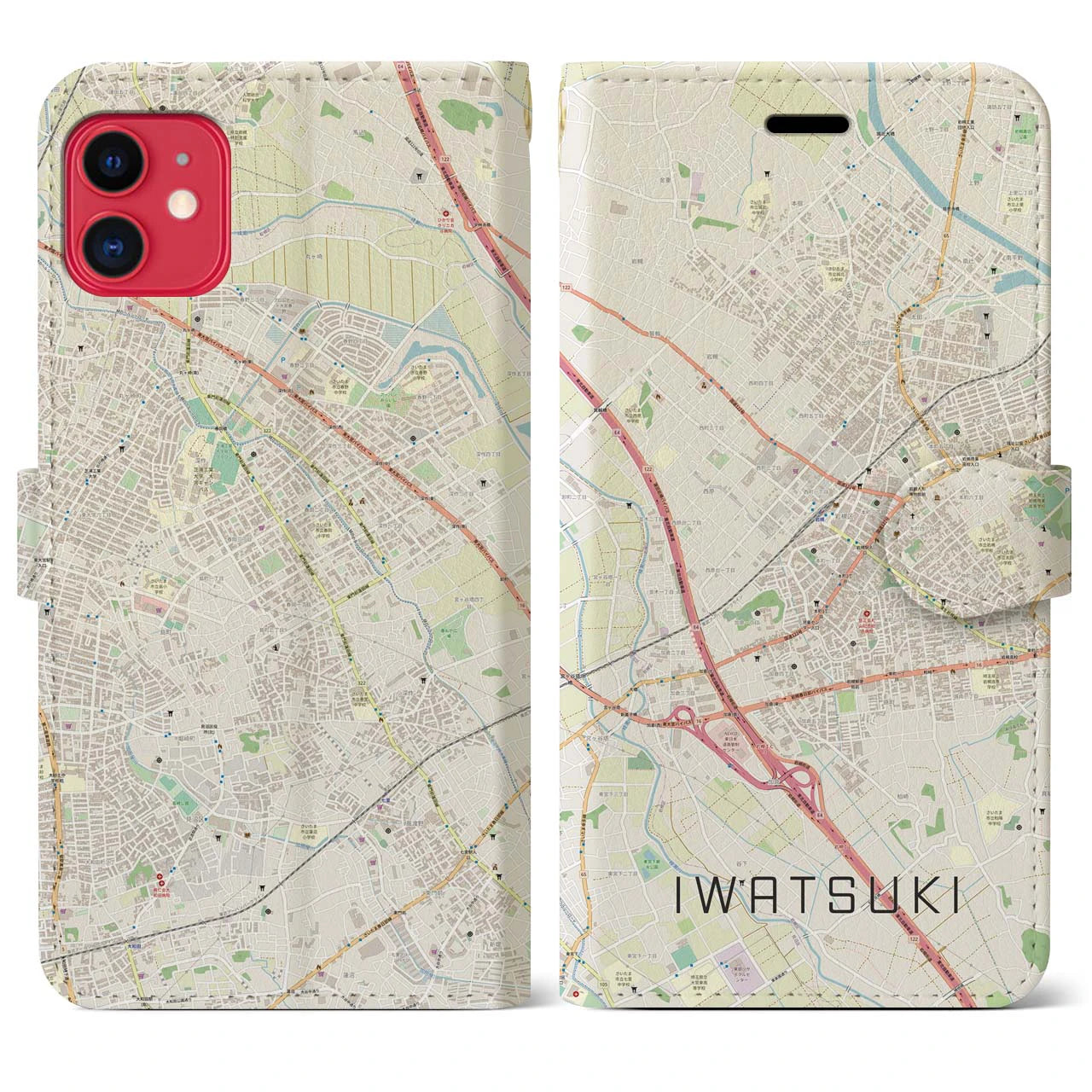 【岩槻(埼玉県)】地図柄iPhoneケース(手帳タイプ)ナチュラル・iPhone 11 用