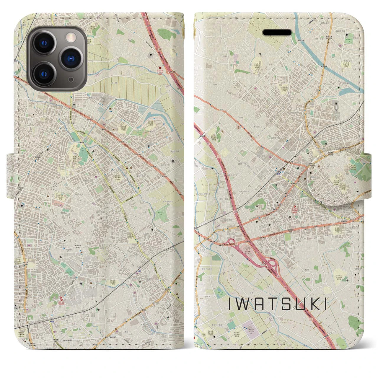 【岩槻(埼玉県)】地図柄iPhoneケース(手帳タイプ)ナチュラル・iPhone 11 Pro Max 用