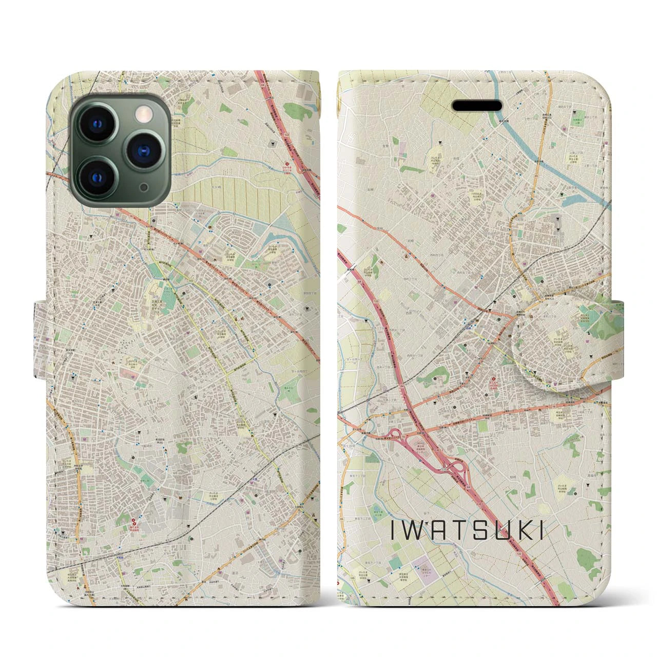 【岩槻(埼玉県)】地図柄iPhoneケース(手帳タイプ)ナチュラル・iPhone 11 Pro 用
