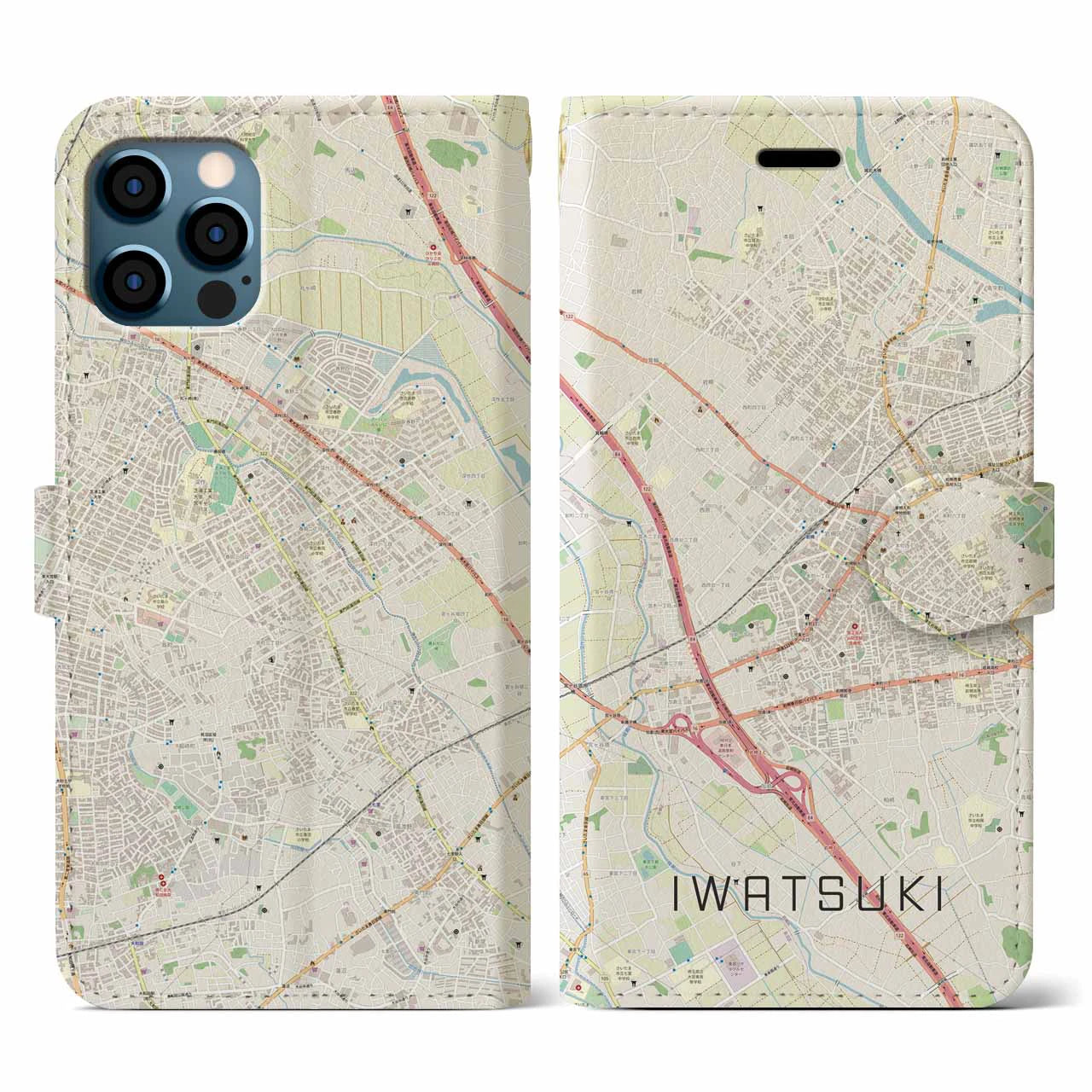 【岩槻(埼玉県)】地図柄iPhoneケース(手帳タイプ)ナチュラル・iPhone 12 / 12 Pro 用