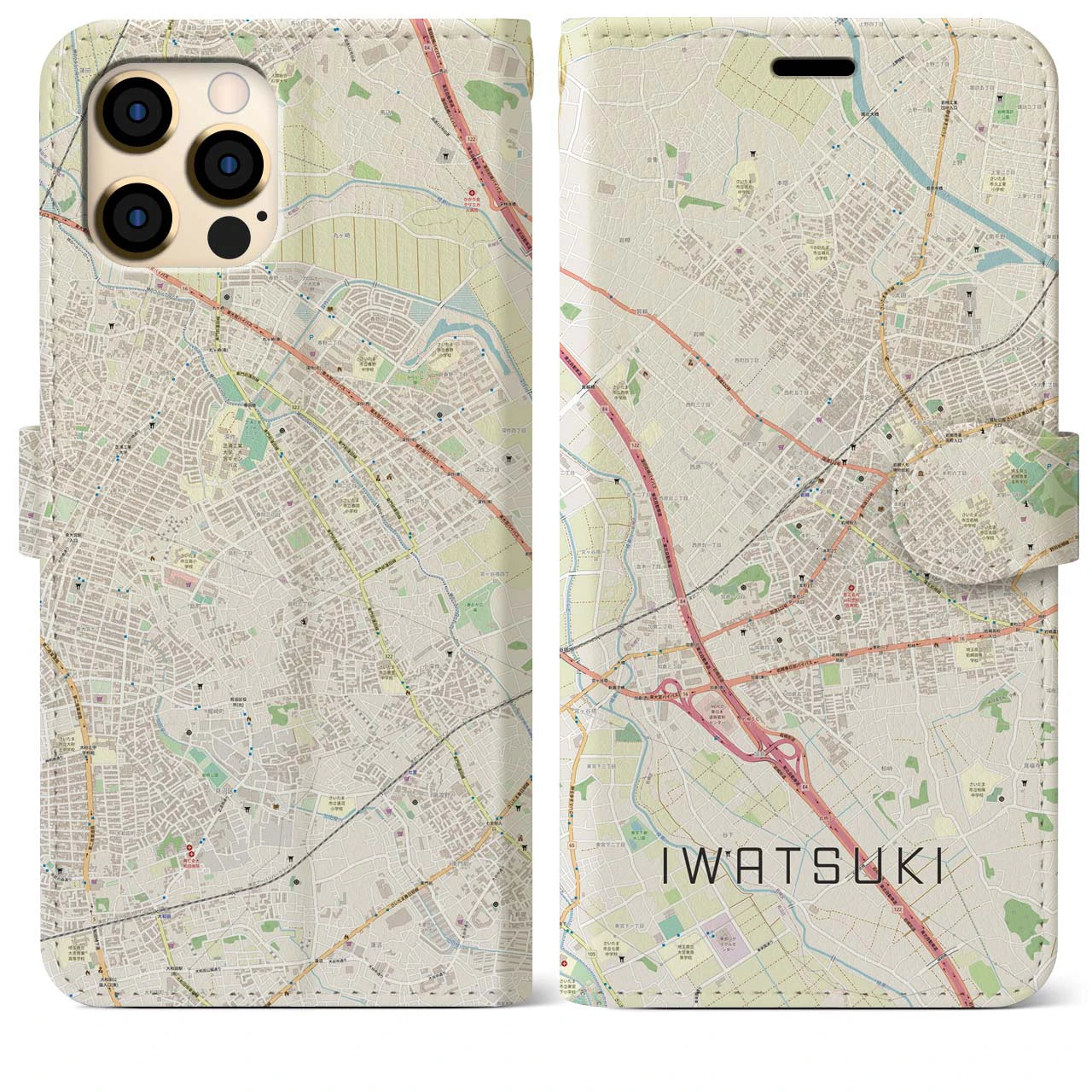 【岩槻(埼玉県)】地図柄iPhoneケース(手帳タイプ)ナチュラル・iPhone 12 Pro Max 用