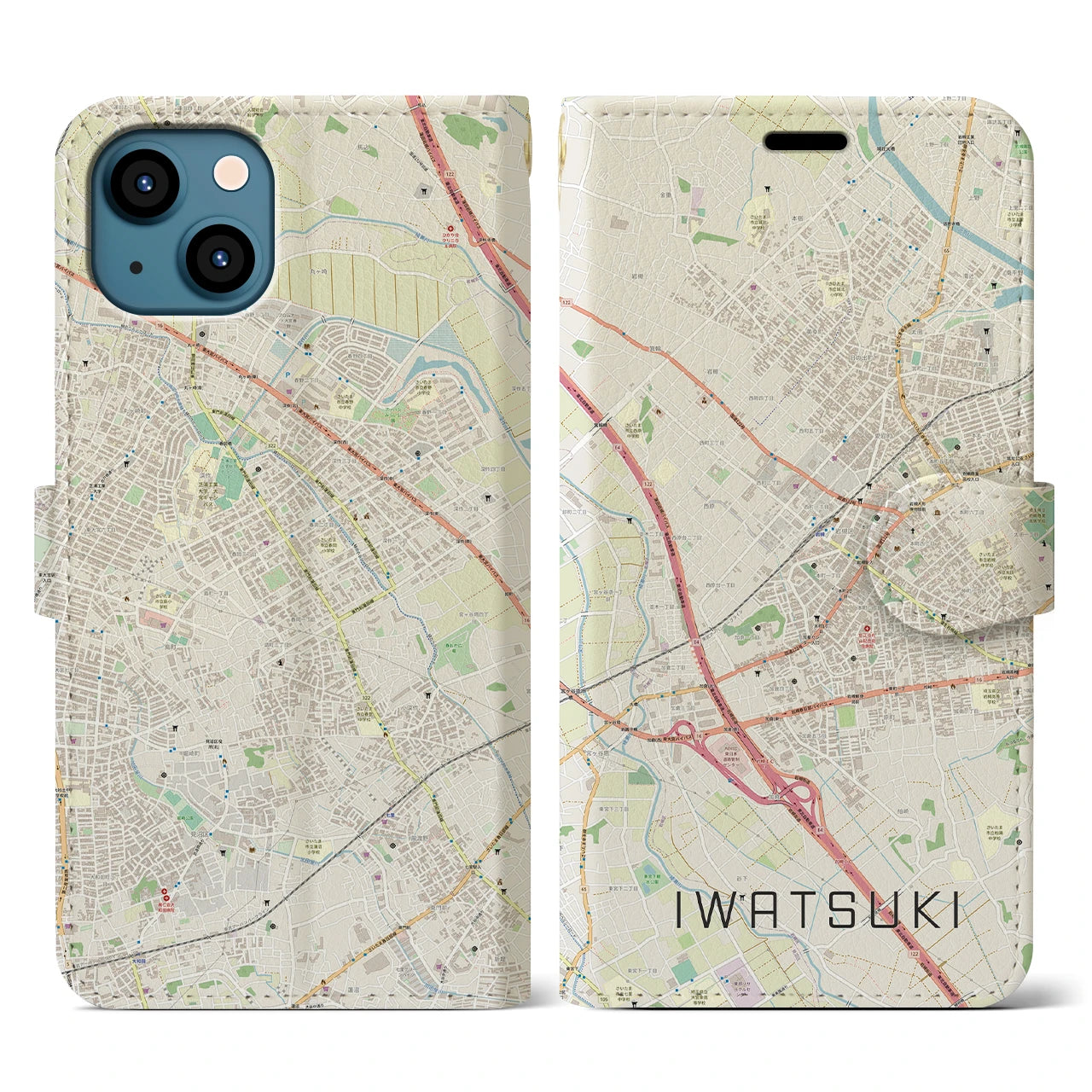 【岩槻(埼玉県)】地図柄iPhoneケース(手帳タイプ)ナチュラル・iPhone 13 用