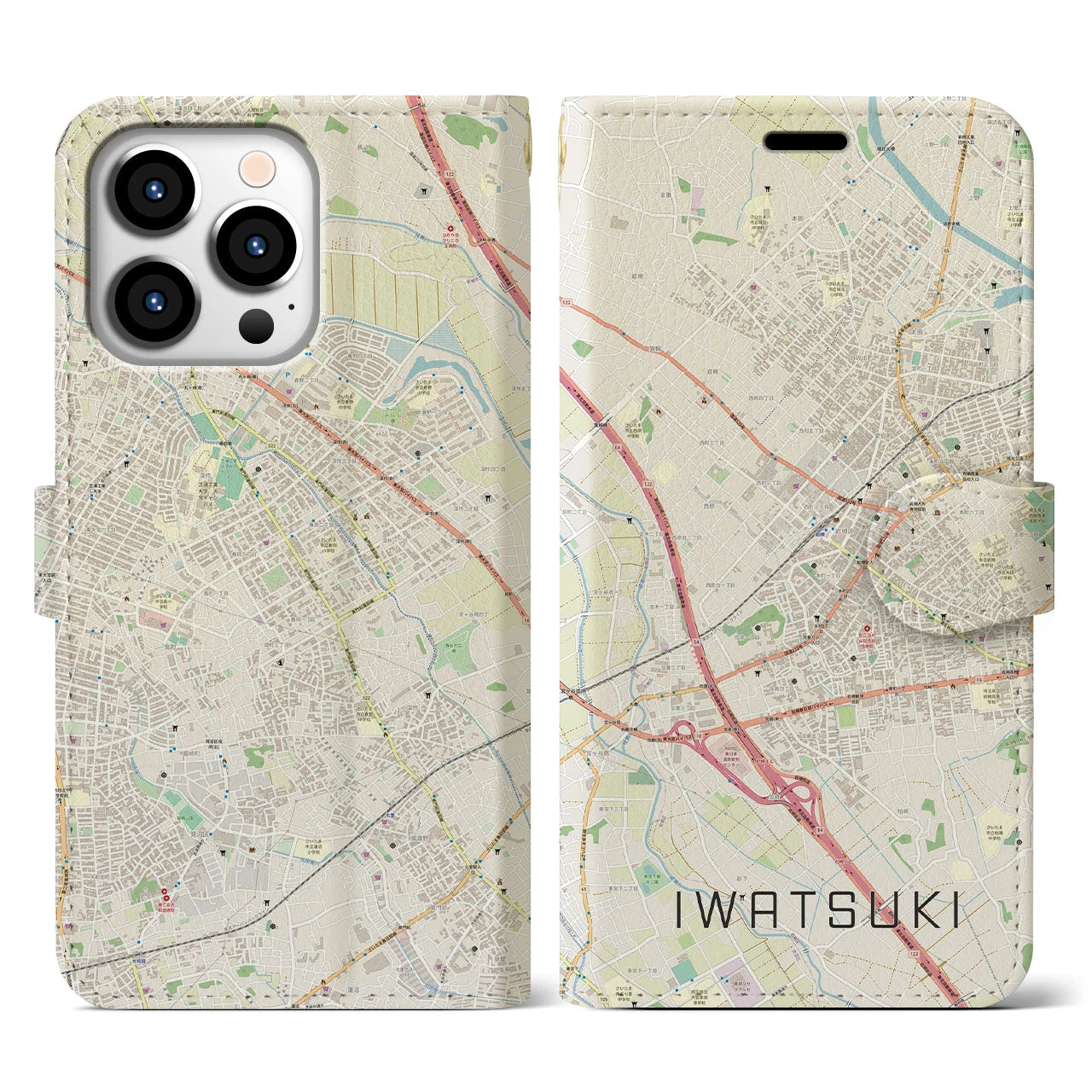 【岩槻(埼玉県)】地図柄iPhoneケース(手帳タイプ)ナチュラル・iPhone 13 Pro 用