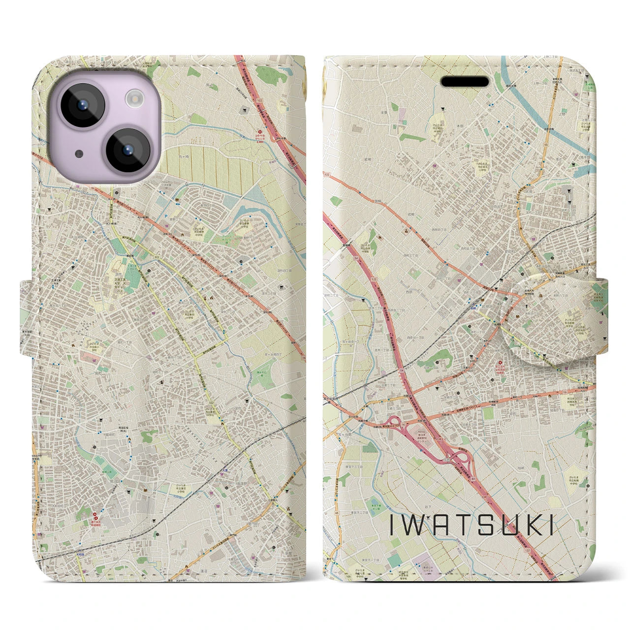 【岩槻(埼玉県)】地図柄iPhoneケース(手帳タイプ)ナチュラル・iPhone 14 用