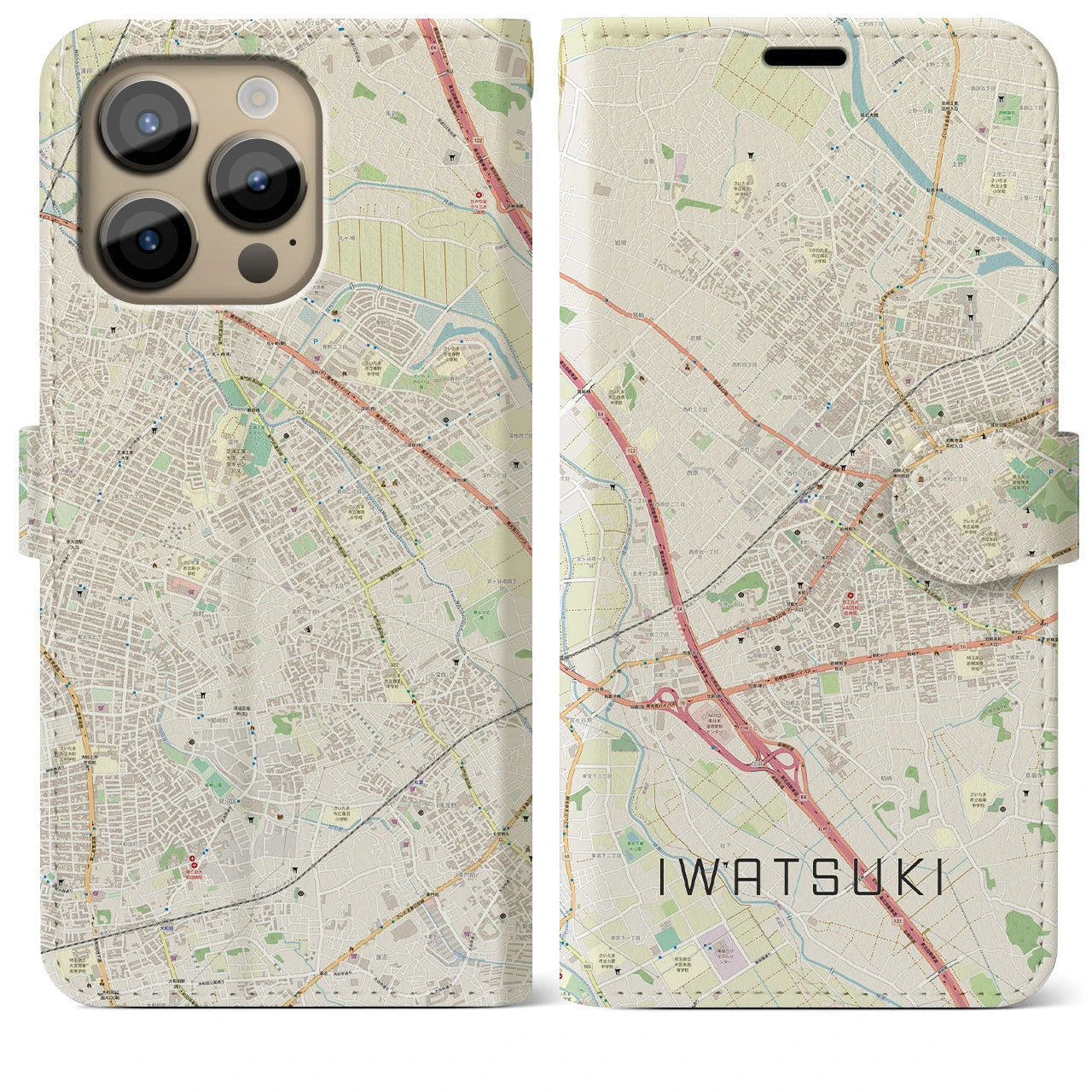 【岩槻(埼玉県)】地図柄iPhoneケース(手帳タイプ)ナチュラル・iPhone 14 Pro Max 用