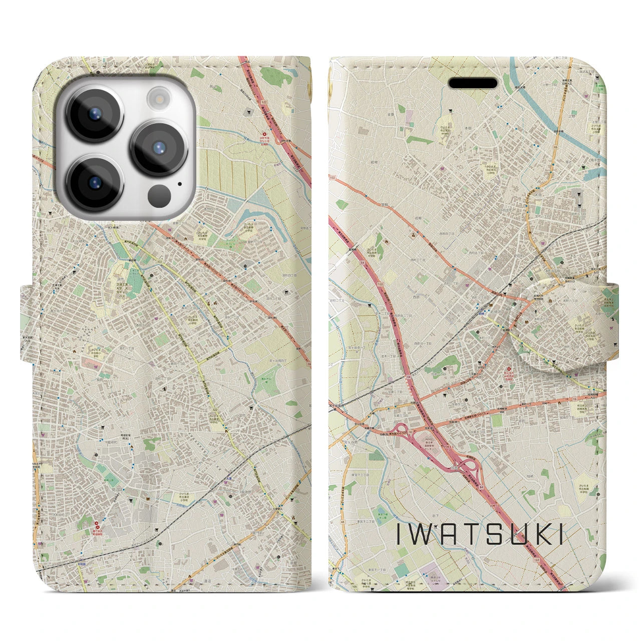 【岩槻(埼玉県)】地図柄iPhoneケース(手帳タイプ)ナチュラル・iPhone 14 Pro 用