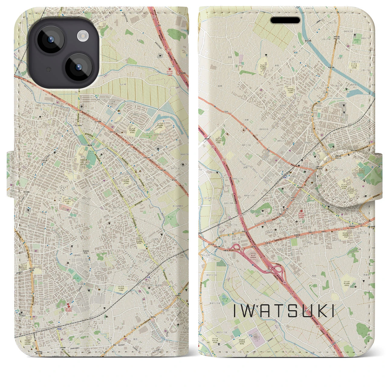 【岩槻(埼玉県)】地図柄iPhoneケース(手帳タイプ)ナチュラル・iPhone 14 Plus 用