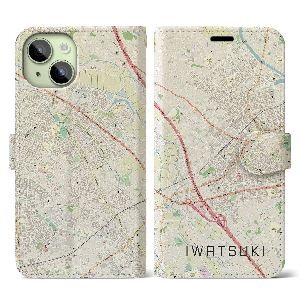 【岩槻(埼玉県)】地図柄iPhoneケース(手帳タイプ)ナチュラル・iPhone 15 用