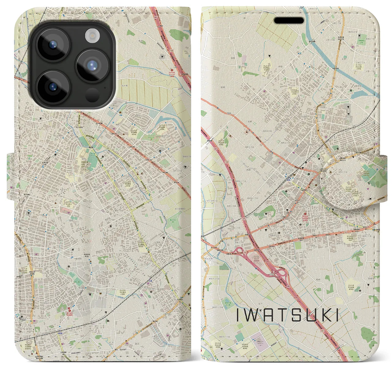 【岩槻(埼玉県)】地図柄iPhoneケース(手帳タイプ)ナチュラル・iPhone 15 Pro Max 用