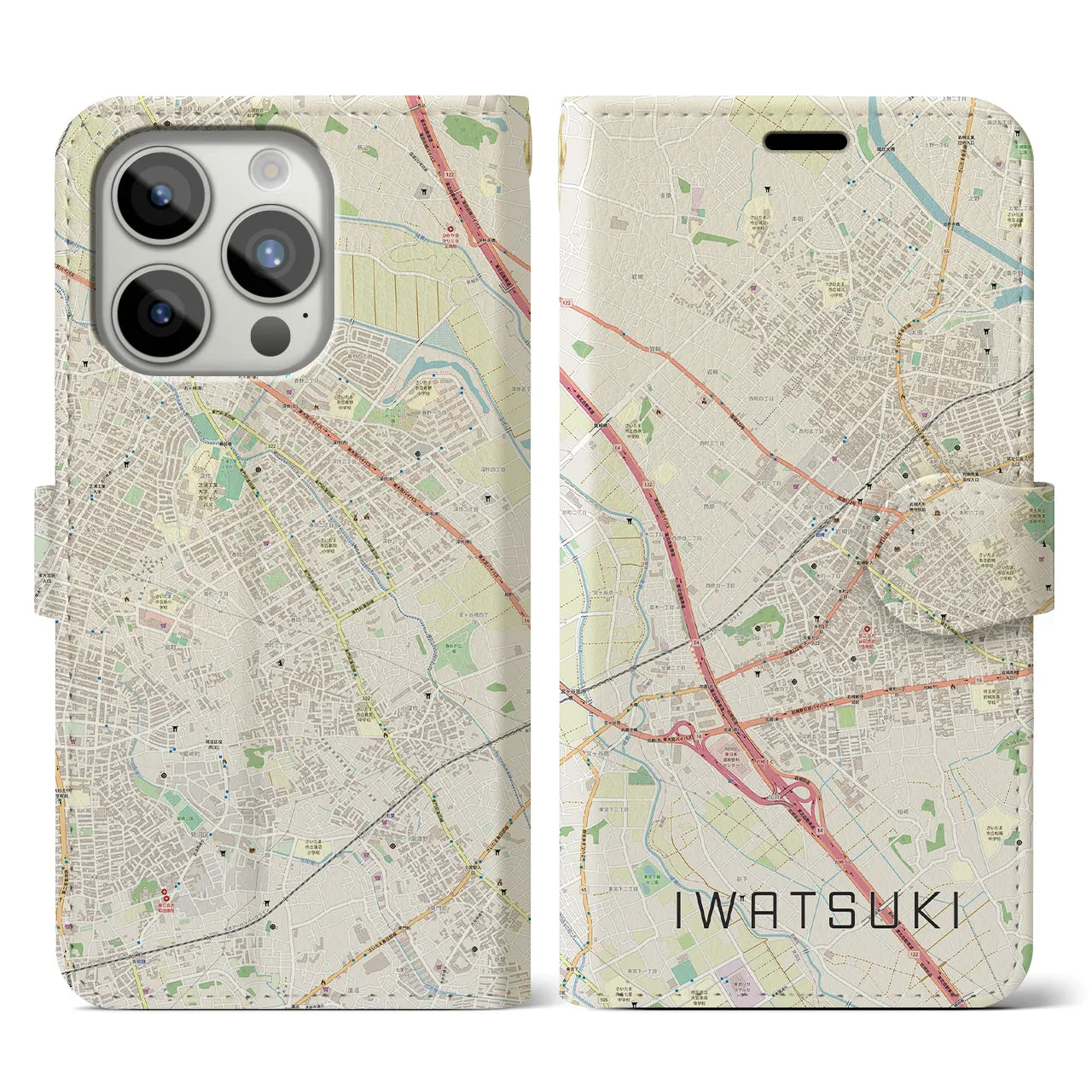 【岩槻(埼玉県)】地図柄iPhoneケース(手帳タイプ)ナチュラル・iPhone 15 Pro 用