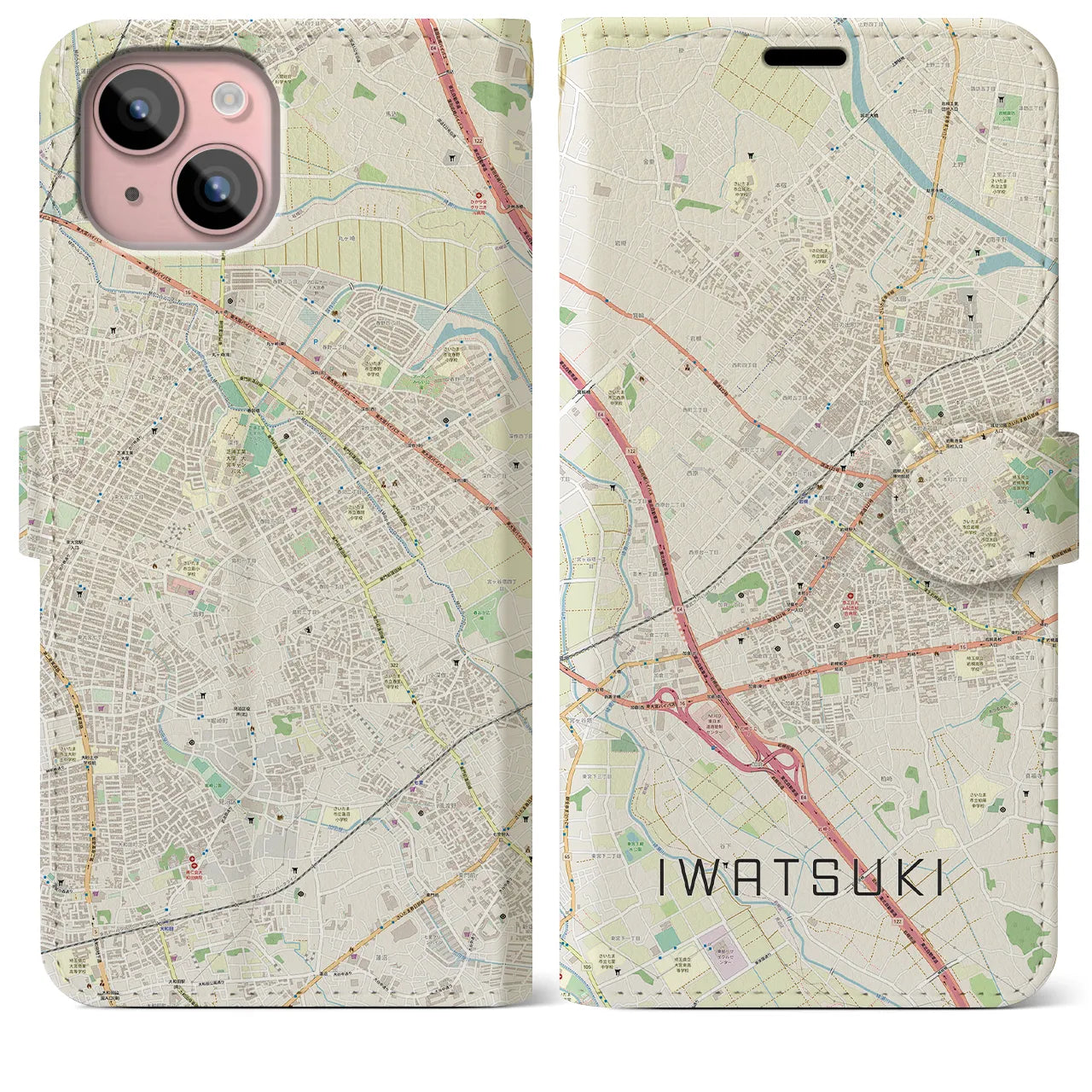 【岩槻(埼玉県)】地図柄iPhoneケース(手帳タイプ)ナチュラル・iPhone 15 Plus 用