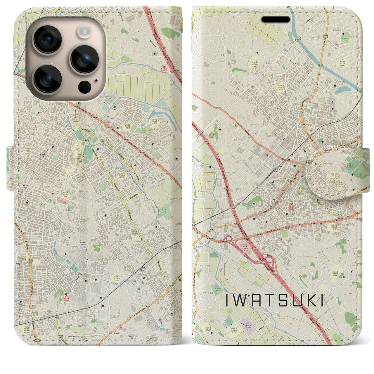 【岩槻(埼玉県)】地図柄iPhoneケース(手帳タイプ)ナチュラル・iPhone 16 Plus 用