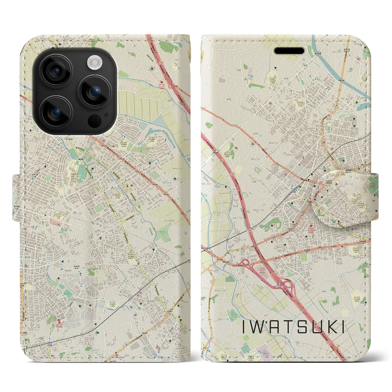 【岩槻(埼玉県)】地図柄iPhoneケース(手帳タイプ)ナチュラル・iPhone 16 用