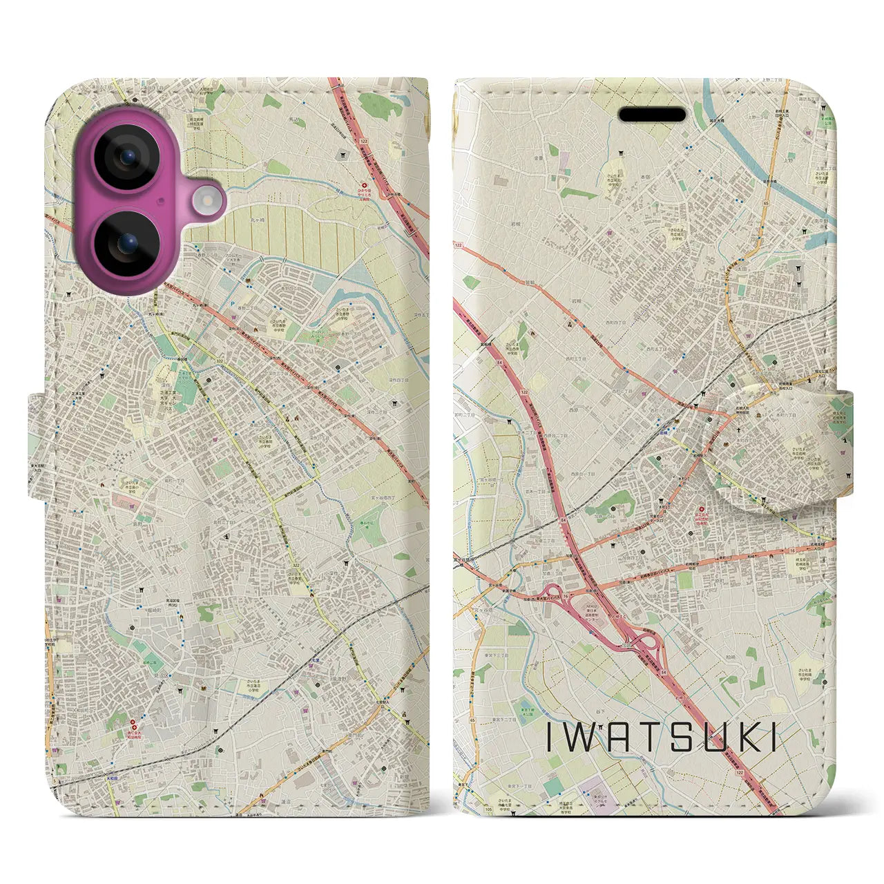 【岩槻(埼玉県)】地図柄iPhoneケース(手帳タイプ)ナチュラル・iPhone 16 Pro 用