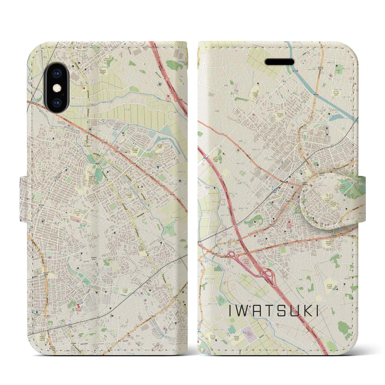【岩槻(埼玉県)】地図柄iPhoneケース(手帳タイプ)ナチュラル・iPhone XS / X 用