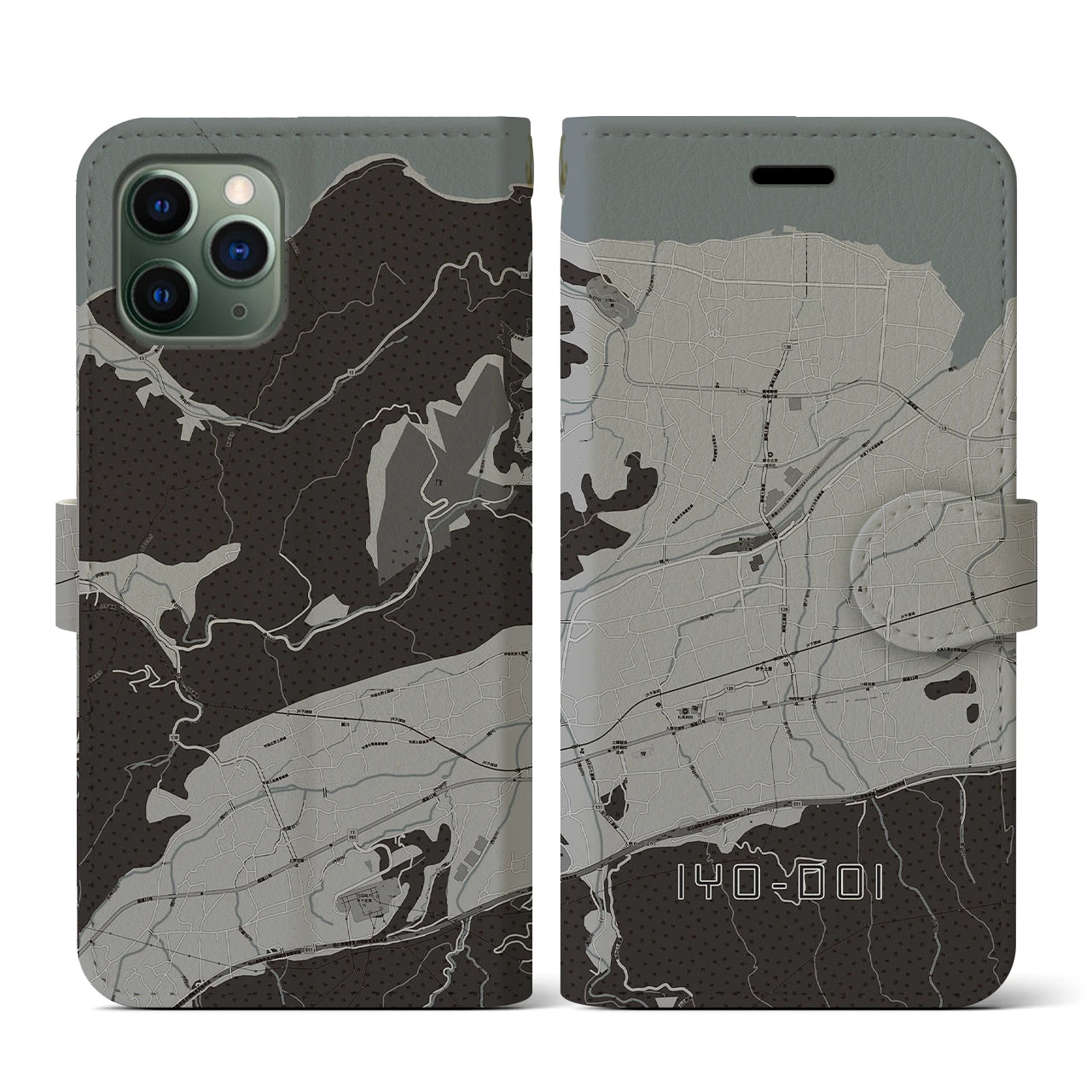 【伊予土居(愛媛県)】地図柄iPhoneケース(手帳タイプ)モノトーン・iPhone 11 Pro 用