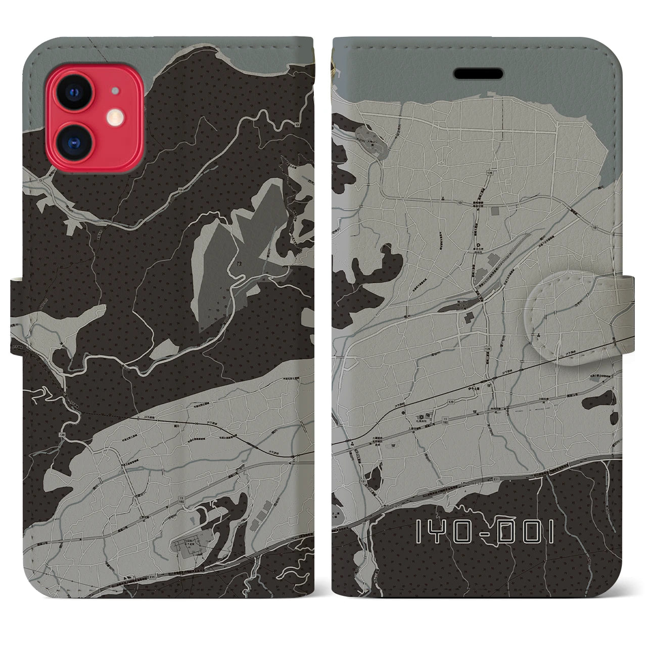 【伊予土居(愛媛県)】地図柄iPhoneケース(手帳タイプ)モノトーン・iPhone 11 用