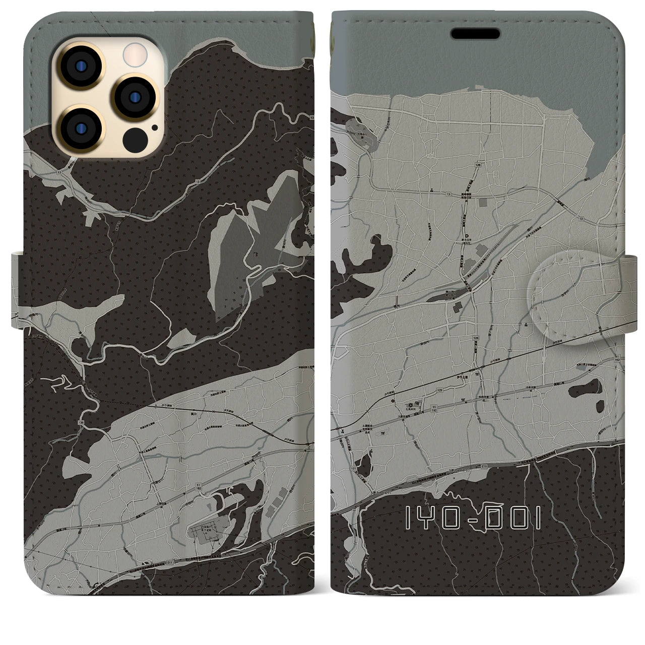 【伊予土居(愛媛県)】地図柄iPhoneケース(手帳タイプ)モノトーン・iPhone 12 Pro Max 用