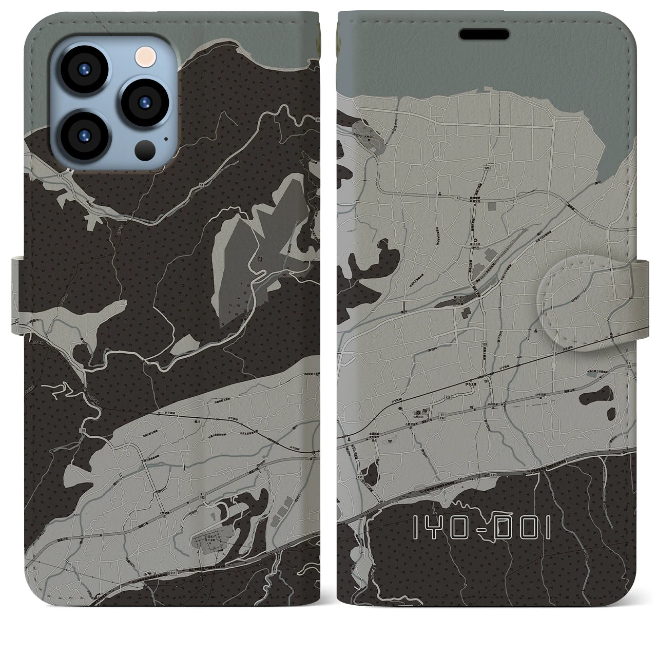 【伊予土居(愛媛県)】地図柄iPhoneケース(手帳タイプ)モノトーン・iPhone 13 Pro Max 用