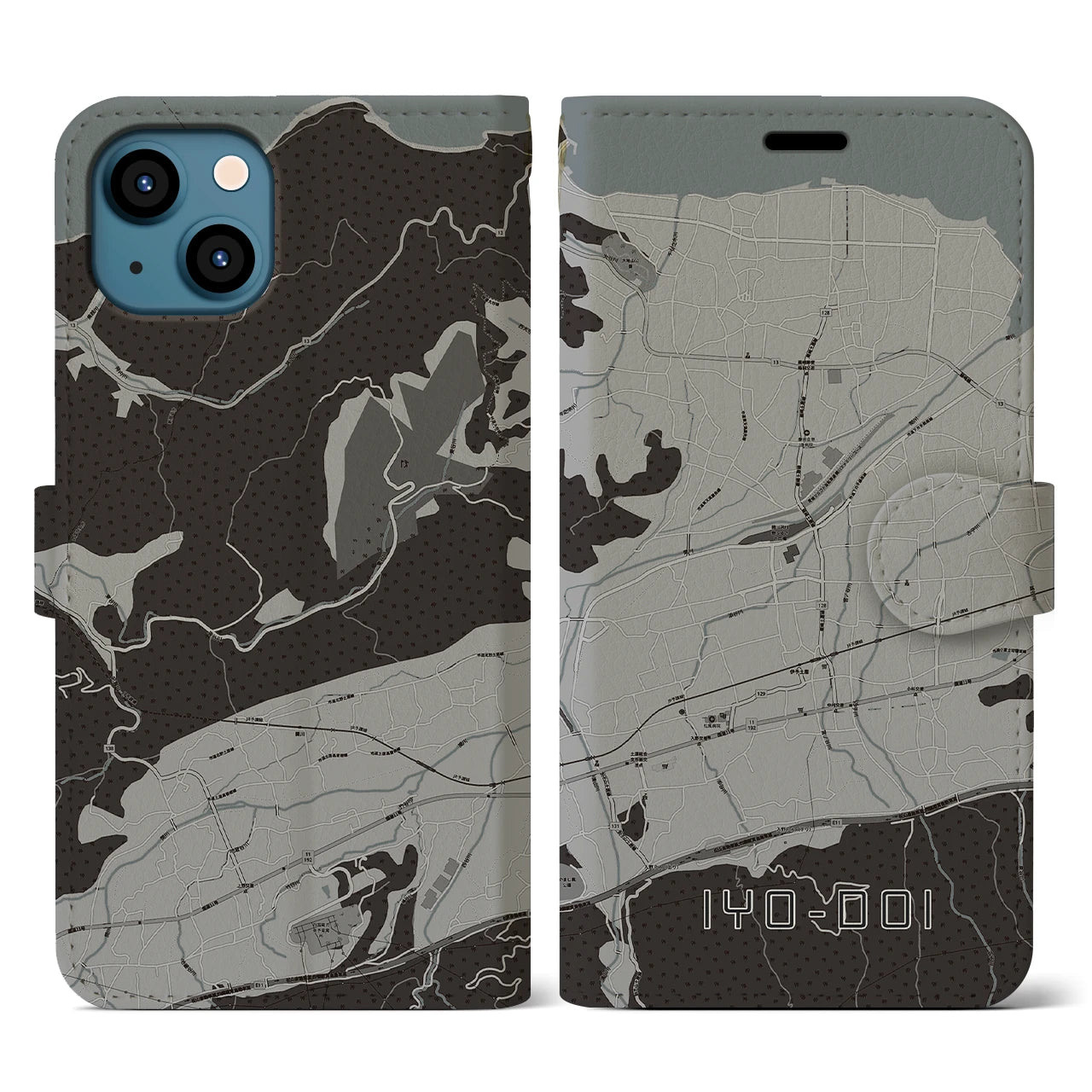 【伊予土居(愛媛県)】地図柄iPhoneケース(手帳タイプ)モノトーン・iPhone 13 用
