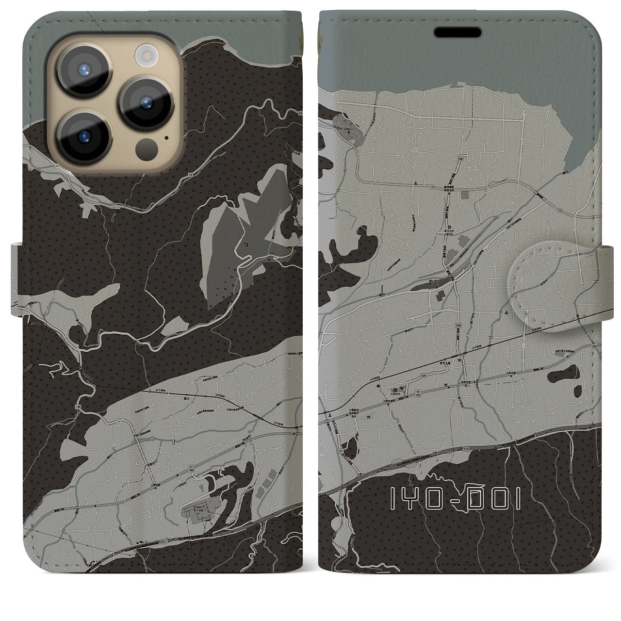 【伊予土居(愛媛県)】地図柄iPhoneケース(手帳タイプ)モノトーン・iPhone 14 Pro Max 用