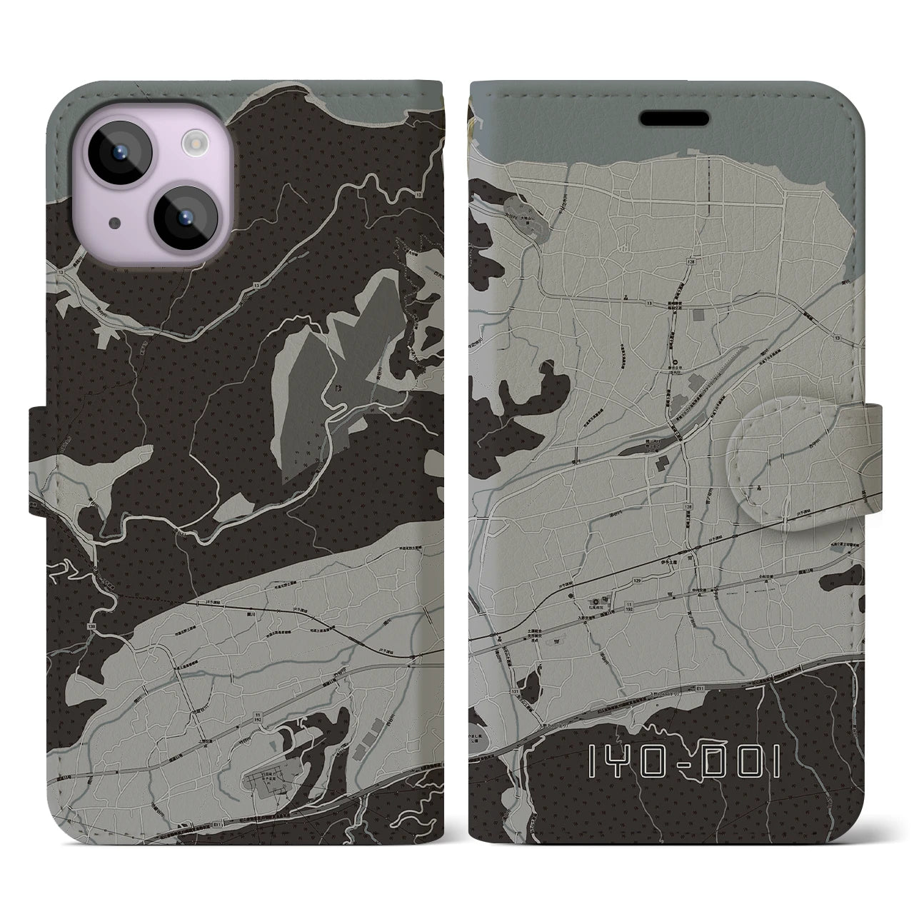 【伊予土居(愛媛県)】地図柄iPhoneケース(手帳タイプ)モノトーン・iPhone 14 用