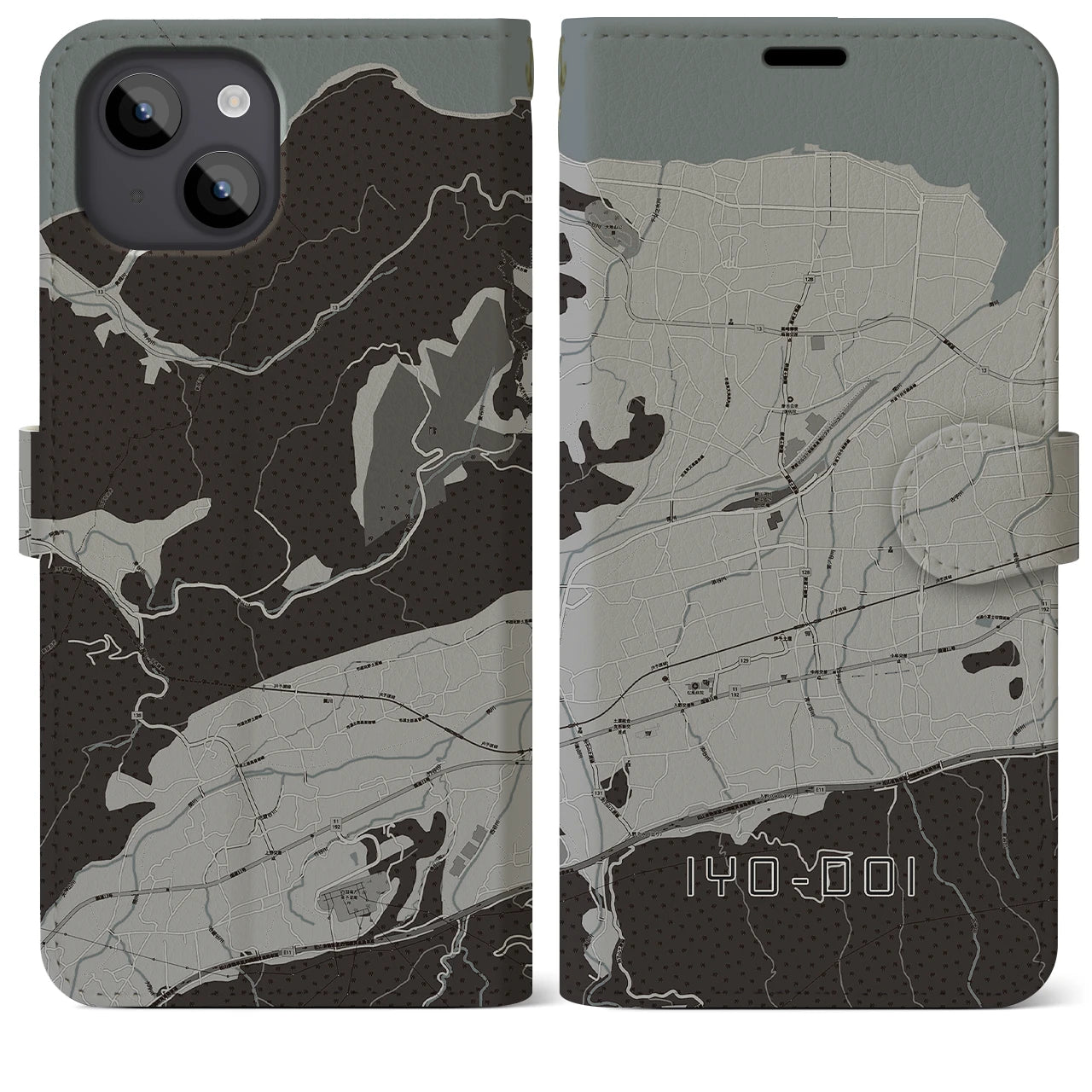 【伊予土居(愛媛県)】地図柄iPhoneケース(手帳タイプ)モノトーン・iPhone 14 Plus 用