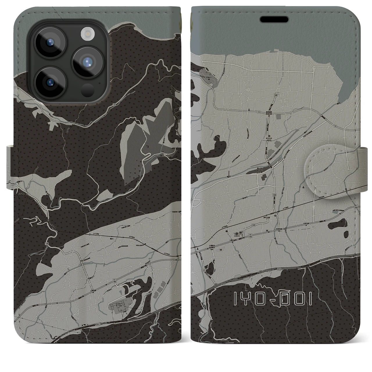 【伊予土居(愛媛県)】地図柄iPhoneケース(手帳タイプ)モノトーン・iPhone 15 Pro Max 用