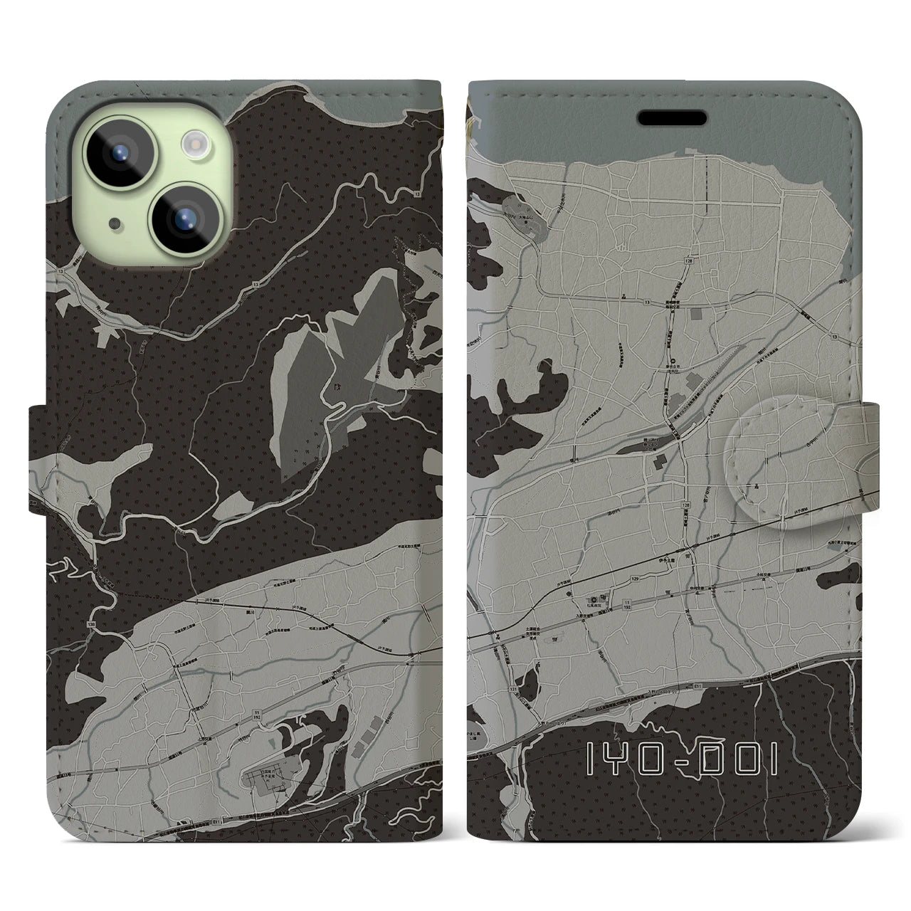 【伊予土居(愛媛県)】地図柄iPhoneケース(手帳タイプ)モノトーン・iPhone 15 用