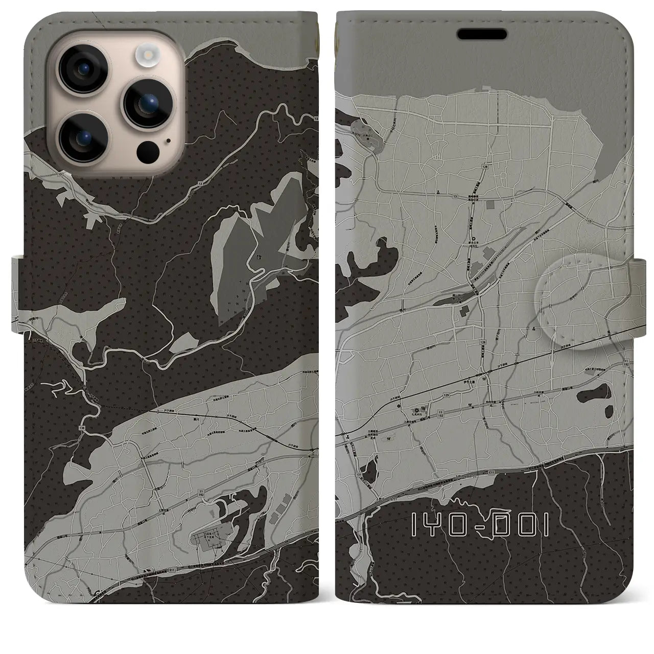 【伊予土居(愛媛県)】地図柄iPhoneケース(手帳タイプ)モノトーン・iPhone 16 Plus 用