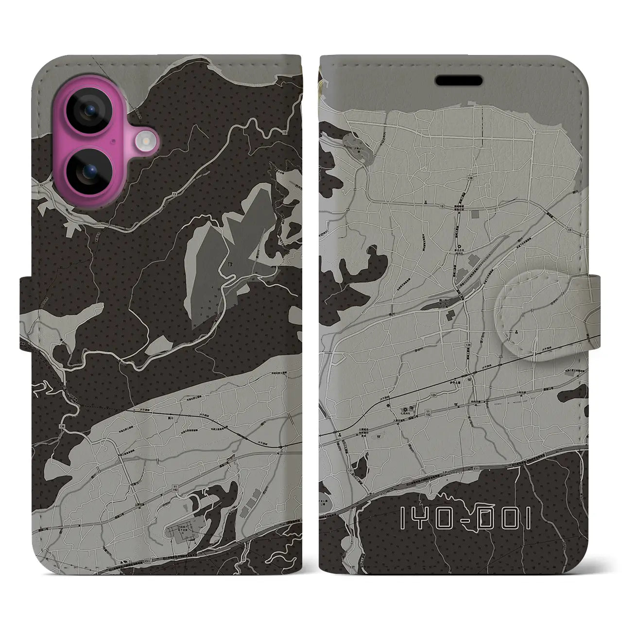 【伊予土居(愛媛県)】地図柄iPhoneケース(手帳タイプ)モノトーン・iPhone 16 Pro 用
