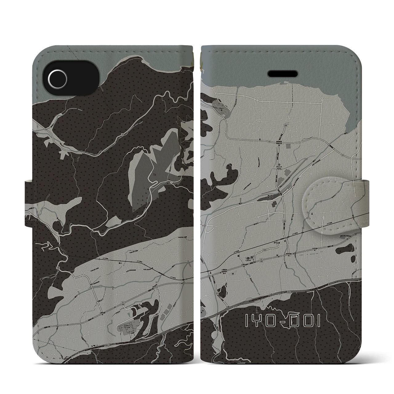 【伊予土居(愛媛県)】地図柄iPhoneケース(手帳タイプ)モノトーン・iPhone SE(第3 / 第2世代) / 8 / 7 / 6s / 6 用