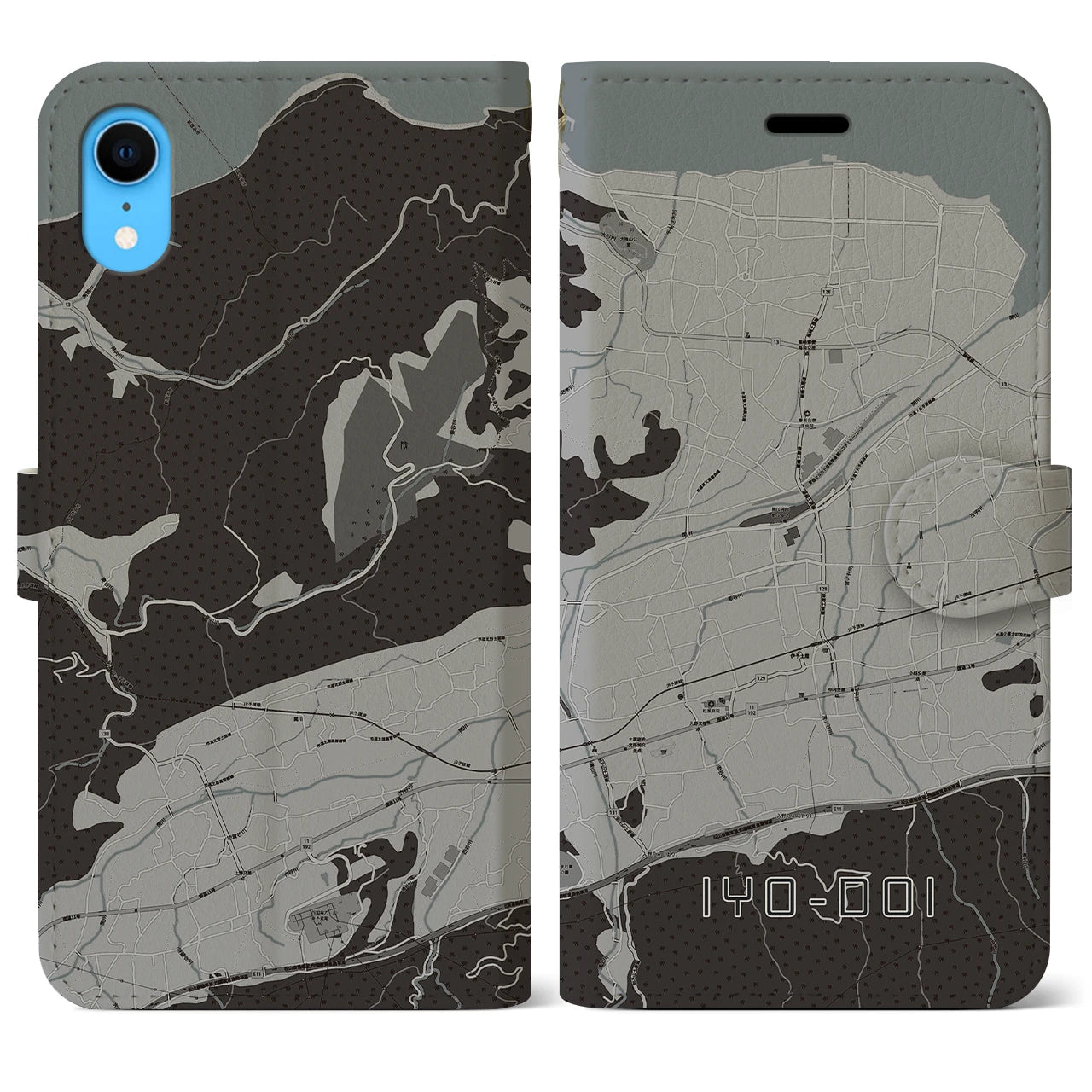 【伊予土居(愛媛県)】地図柄iPhoneケース(手帳タイプ)モノトーン・iPhone XR 用