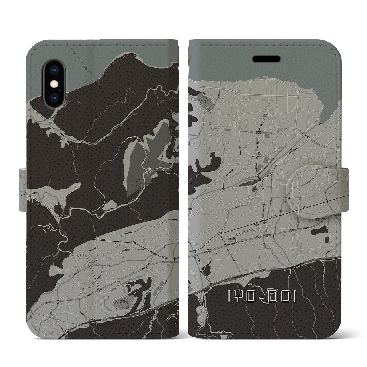 【伊予土居(愛媛県)】地図柄iPhoneケース(手帳タイプ)モノトーン・iPhone XS / X 用