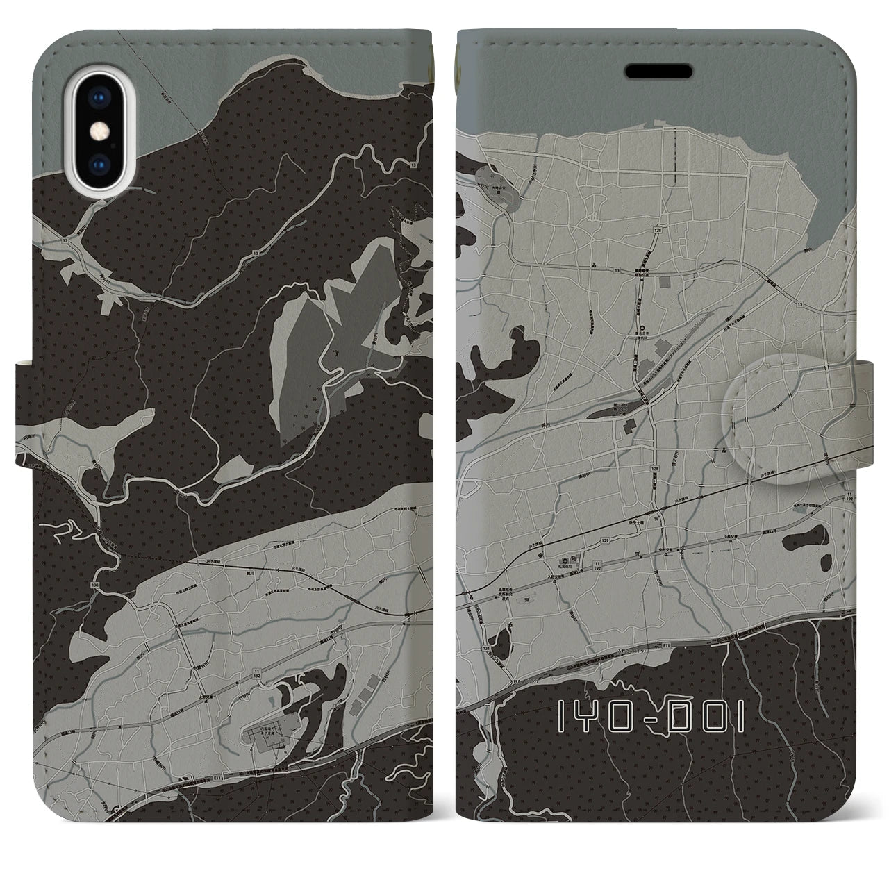 【伊予土居(愛媛県)】地図柄iPhoneケース(手帳タイプ)モノトーン・iPhone XS Max 用