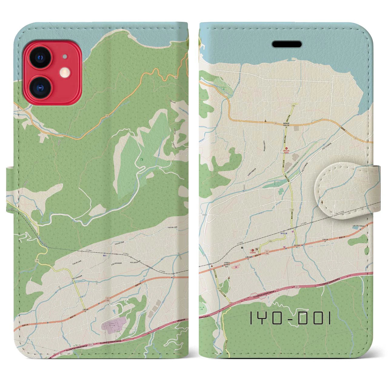 【伊予土居(愛媛県)】地図柄iPhoneケース(手帳タイプ)ナチュラル・iPhone 11 用