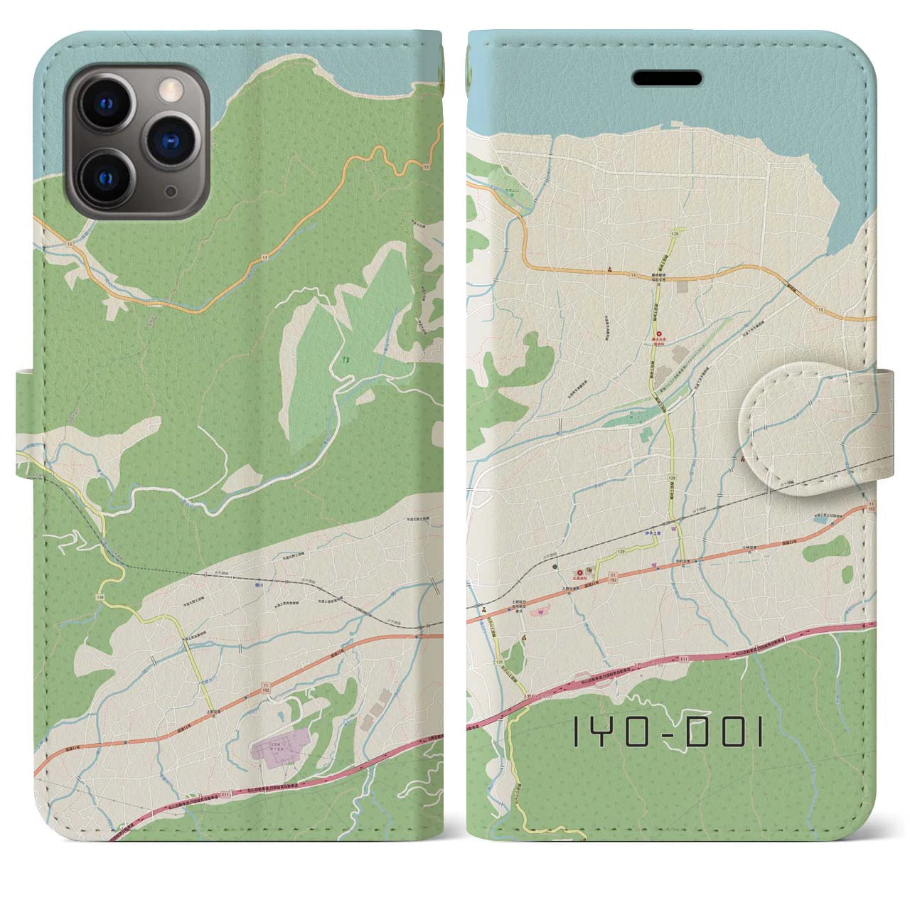【伊予土居(愛媛県)】地図柄iPhoneケース(手帳タイプ)ナチュラル・iPhone 11 Pro Max 用