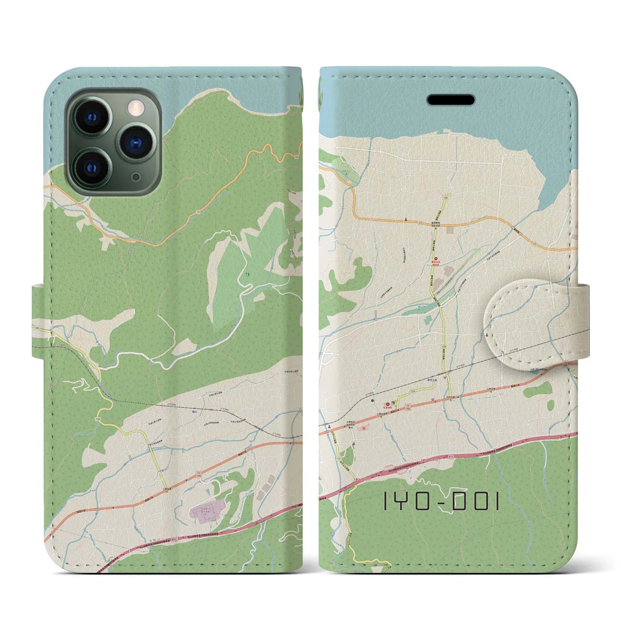 【伊予土居(愛媛県)】地図柄iPhoneケース(手帳タイプ)ナチュラル・iPhone 11 Pro 用