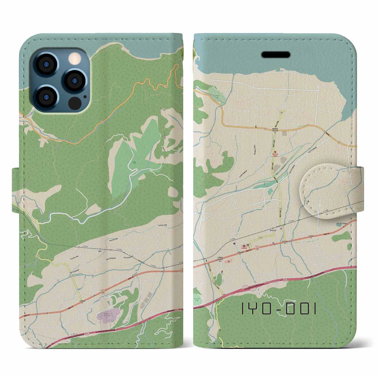 【伊予土居(愛媛県)】地図柄iPhoneケース(手帳タイプ)ナチュラル・iPhone 12 / 12 Pro 用