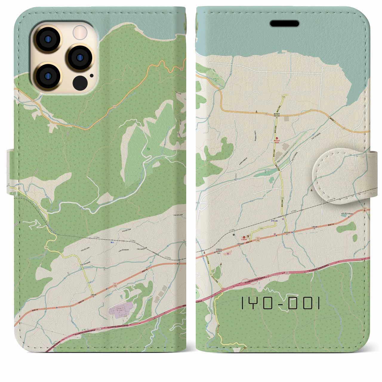 【伊予土居(愛媛県)】地図柄iPhoneケース(手帳タイプ)ナチュラル・iPhone 12 Pro Max 用
