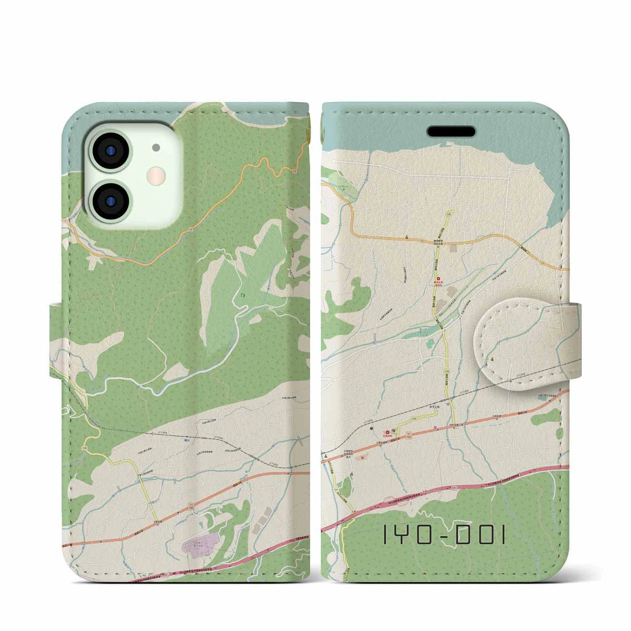 【伊予土居(愛媛県)】地図柄iPhoneケース(手帳タイプ)ナチュラル・iPhone 12 mini 用