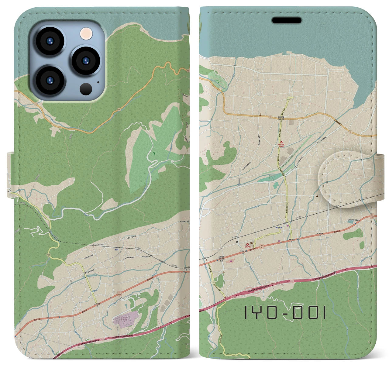 【伊予土居(愛媛県)】地図柄iPhoneケース(手帳タイプ)ナチュラル・iPhone 13 Pro Max 用