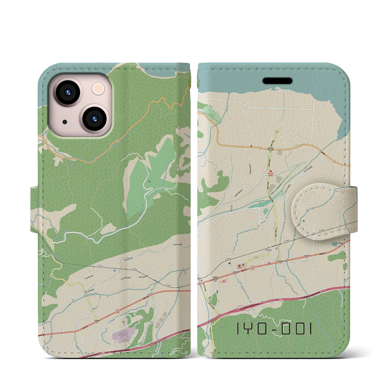 【伊予土居(愛媛県)】地図柄iPhoneケース(手帳タイプ)ナチュラル・iPhone 13 mini 用
