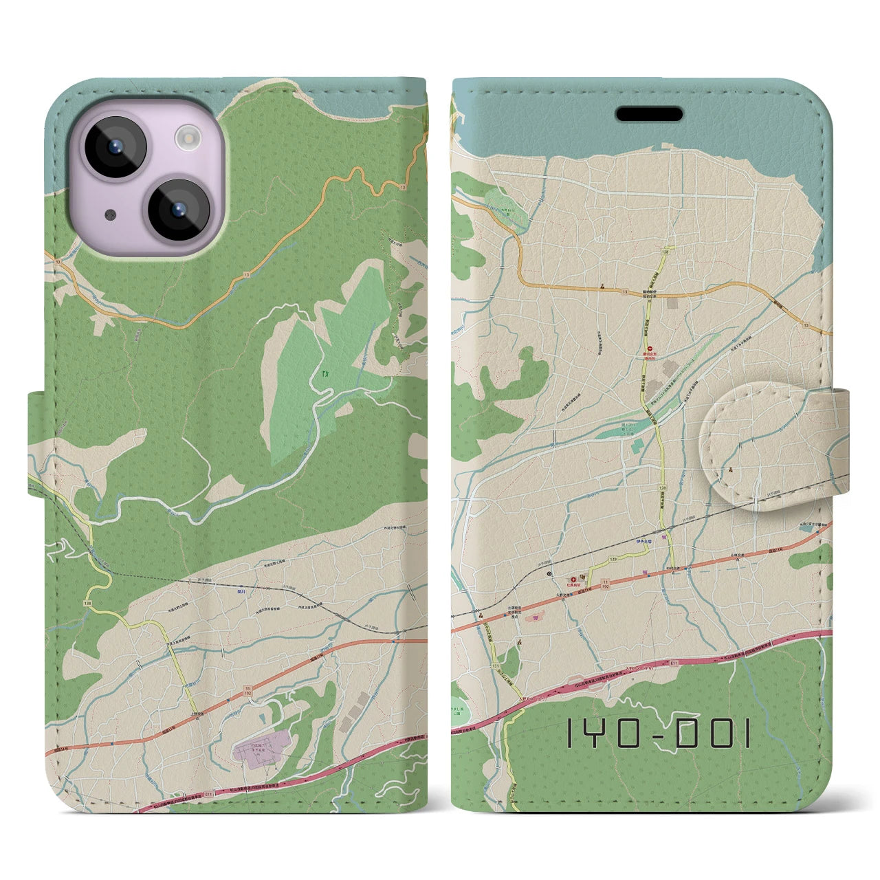 【伊予土居(愛媛県)】地図柄iPhoneケース(手帳タイプ)ナチュラル・iPhone 14 用